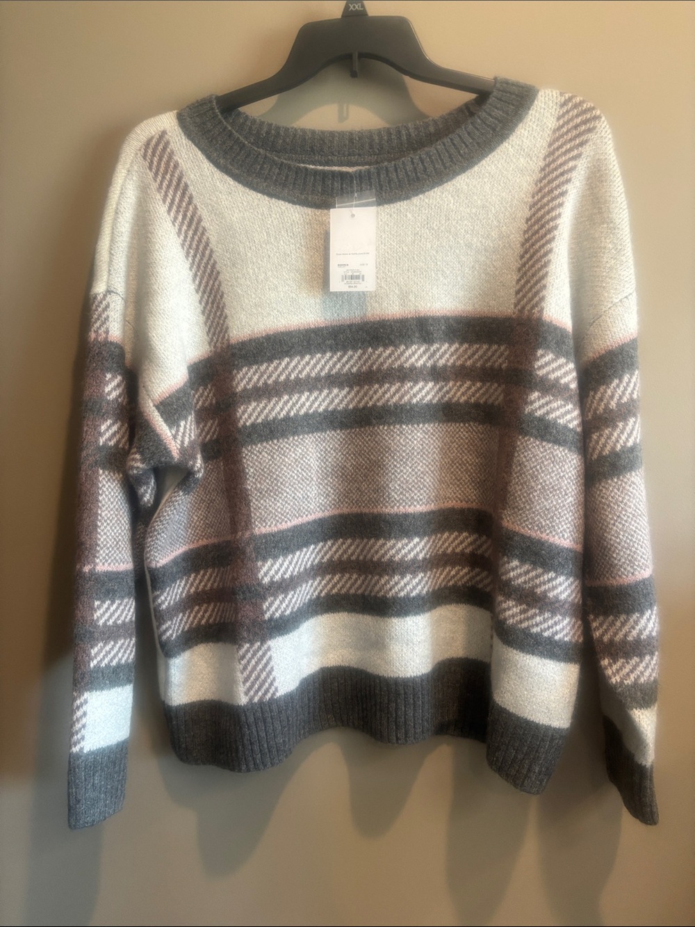Cozy Plaid Knit Sweater in Cream, Gray & Pink